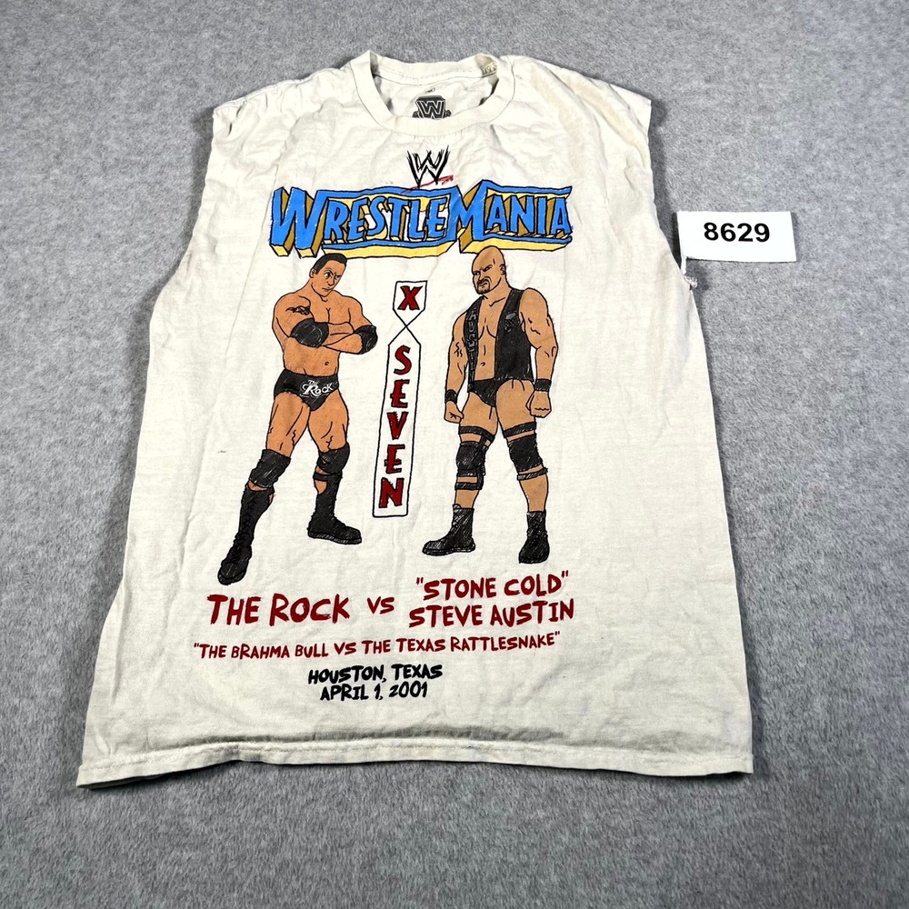 WWE Wrestle Mania Top Mens L White X-Seven The Rock vs Stone Cold Steve Austin